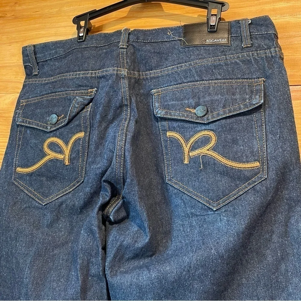 Rocawear Men’s Dark Wash Back Pocket Flap Straight Leg Jeans 38x34